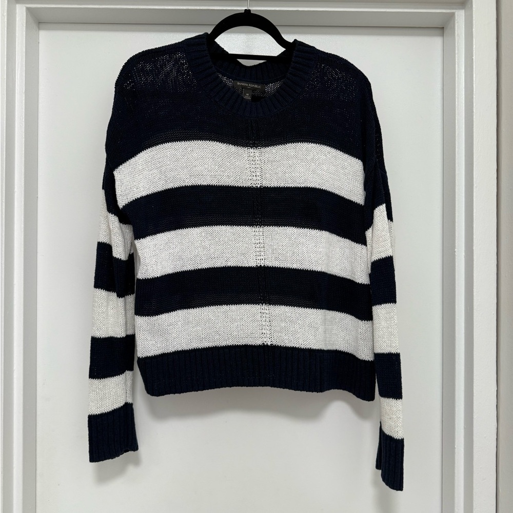 Banana Republic Navy and White Striped Crew Neck Sweater